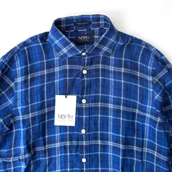 North Country Nwt European Flax Linen Blue Check L/S Button Front Shirt Medium M - Picture 2 of 3